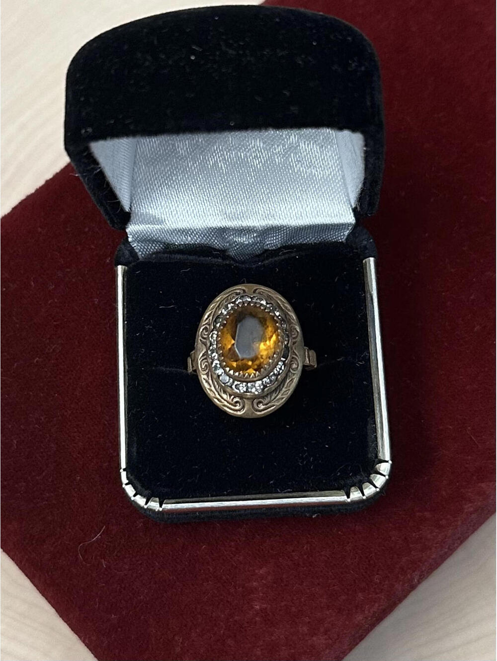Antique Edwardian Era Brass & Faceted Amber Glass Rhinestone Ring US Size 5 3/4